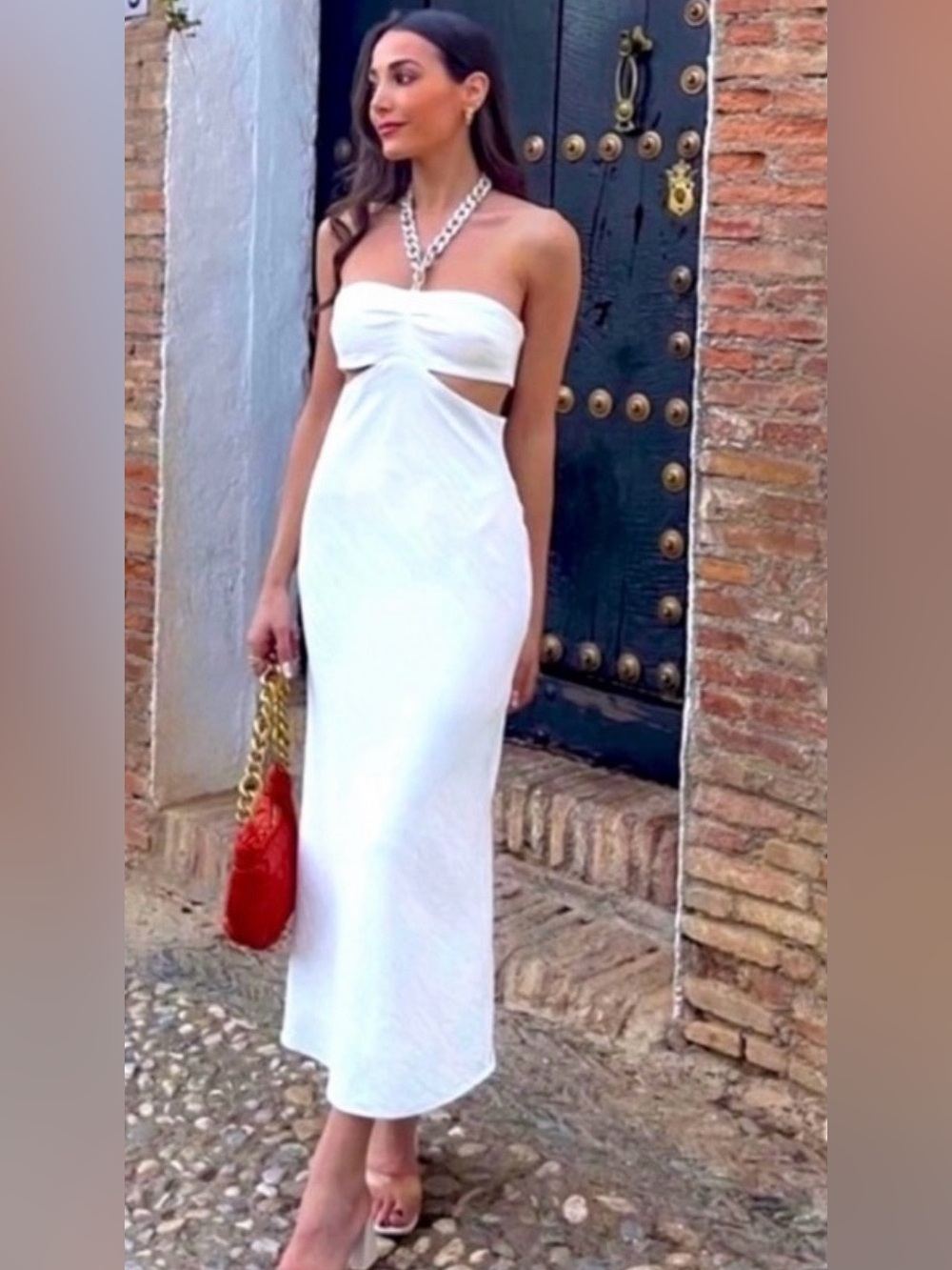 Zara White Cutout Dress w Halter Chain Sz L